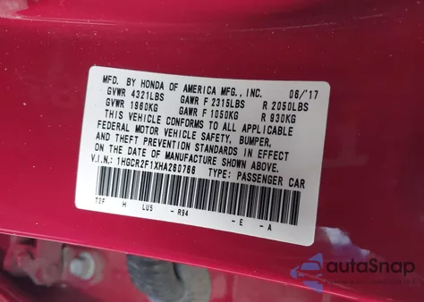 2017 Honda Accord Sport Se из США, поврежденный, VIN 1HGCR2F1XHA260766